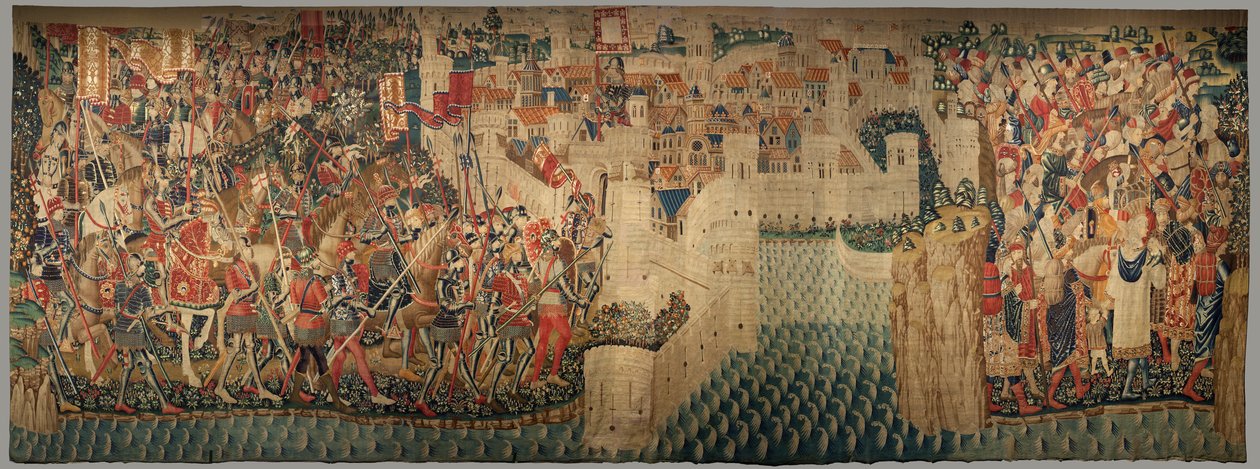 Muzeum Parafialne Gobelinów (Muzeum Parafialne Gobelinów Pastrana). Flamandzki gobelin. Conquest of Tanger (Zdobywanie Tangeru, De inname van Tanger). Seria Podboje króla Portugalii Alfonsa I. Turniej. Wełna i jedwab autorstwa Flemish School