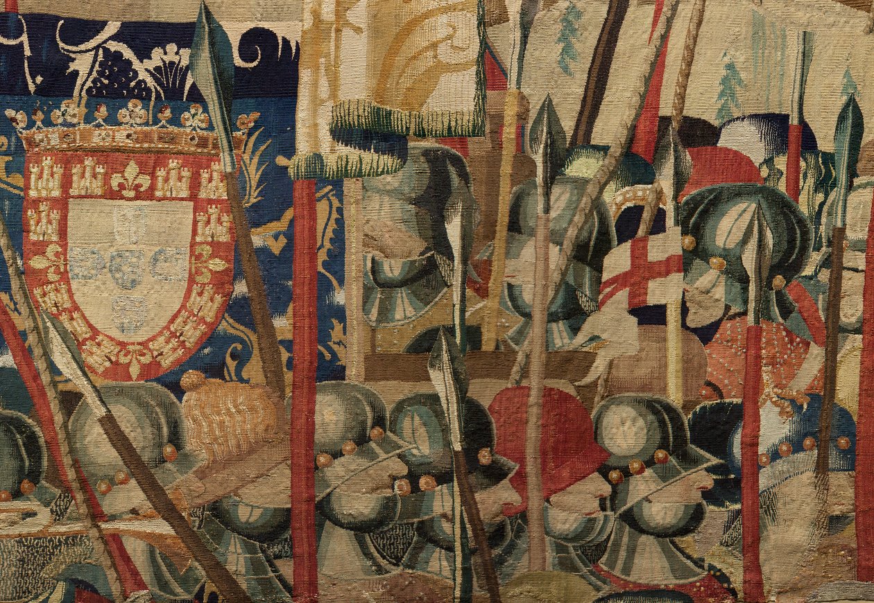 Muzeum Parafialne Gobelinów (Pastrana Parafialne Muzeum Gobelinów). Flamandzki gobelin. Lądowanie w Arzila (Lądowanie w Arzila, Desembarco i Arzila). Seria Podboje króla Portugalii Alfonsa I (Podboje króla Portugalii Alfonsa V). Turniej. Wełna autorstwa Flemish School