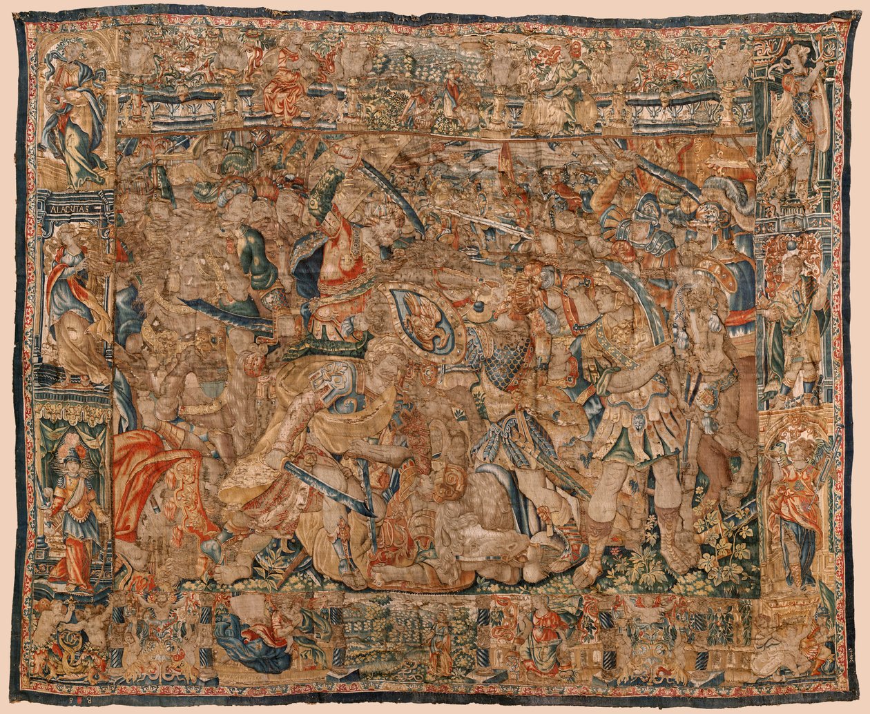 Muzeum Parafialne Gobelinów (Pastrana Parafialne Muzeum Gobelinów). Flamandzki gobelin. Walka między Aleksandrem a Dariuszem i Ipso (Bitwa między Aleksandrem a Dariuszem pod Ipso). Bruksela. Wełna i jedwab. 16 wiek. 510x419cm. autorstwa Flemish School