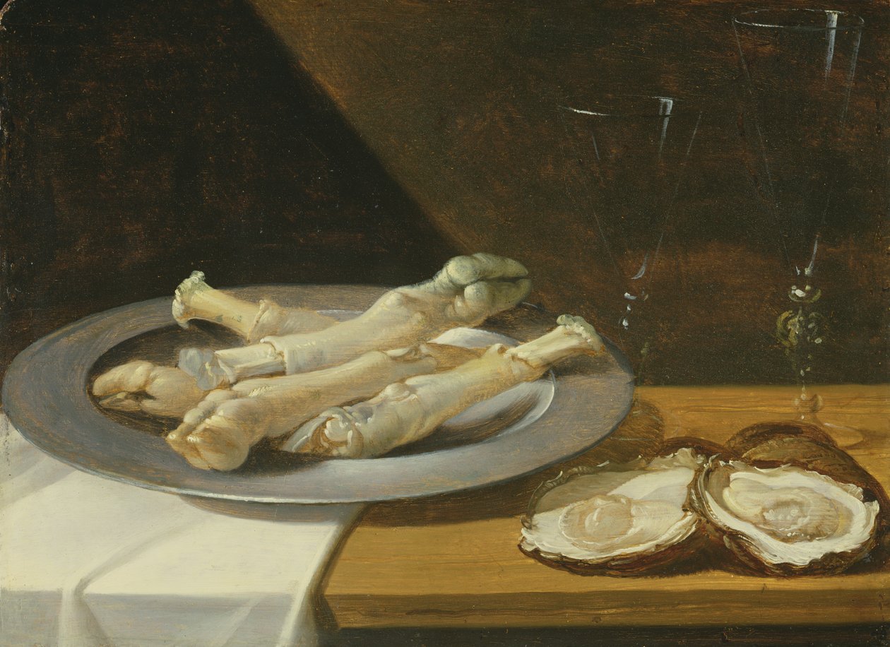 Golonki wieprzowe na cynowym talerzu z ostrygami i kieliszkami do wina na drapowanym stole, ok. 1630 autorstwa Flemish School