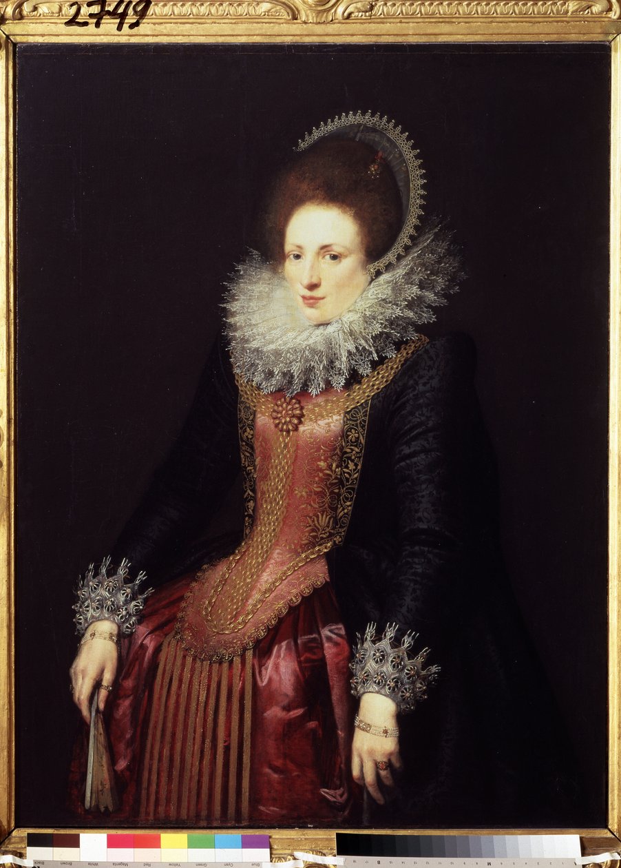 „Portret damy z wachlarzem” (Portret damy z wachlarzem) zamożnej damy ubranej w kryzę i haftowaną sukienkę. Obraz szkoły flamandzkiej około 1610 r. Muzeum Puszkina, Moskwa autorstwa Flemish School