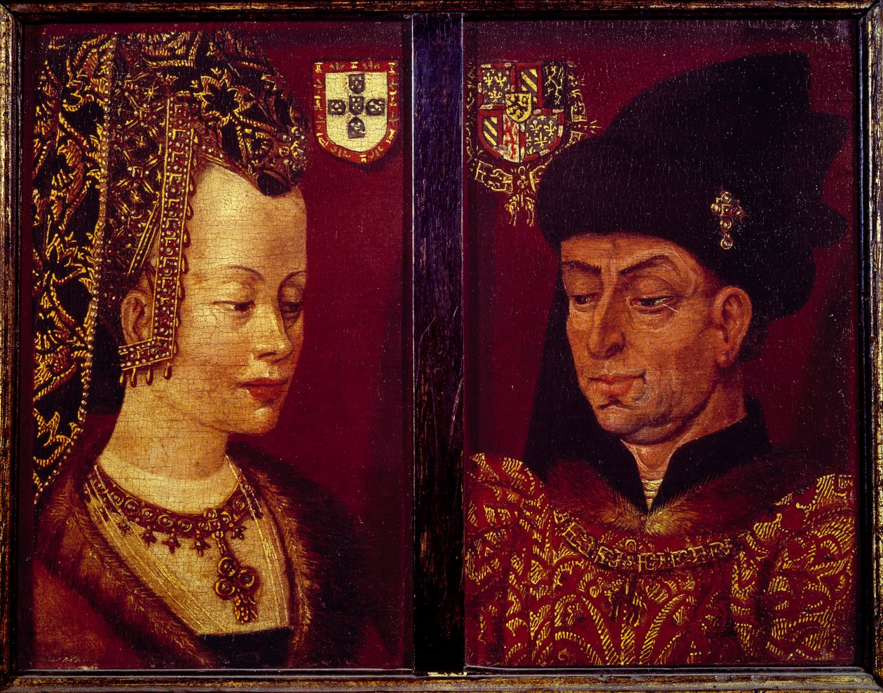 Portret Filipa Dobrego, księcia Burgundii (1396-1467) i Izabeli Portugalskiej, księżnej Burgundii (1397-1472) Malarstwo na drewnie szkoły flamandzkiej. XV-wieczne Muzeum Sztuk Pięknych w Gandawie autorstwa Flemish School
