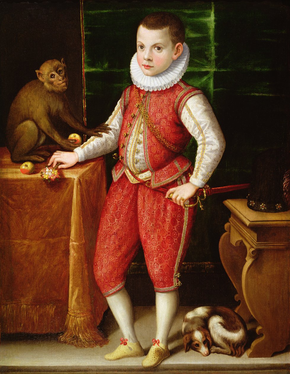 Portret młodego szlachcica z małpą i psem, ok. 1615 autorstwa Flemish School