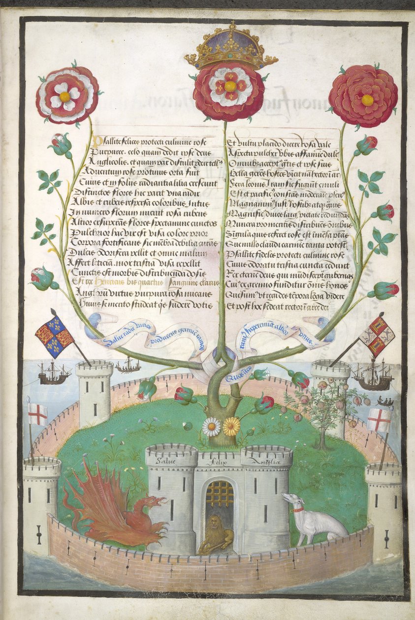 Royal MS 11 E Xl fol.2 wersety z symbolami Tudorów, ok.1516 (welum) autorstwa Flemish School