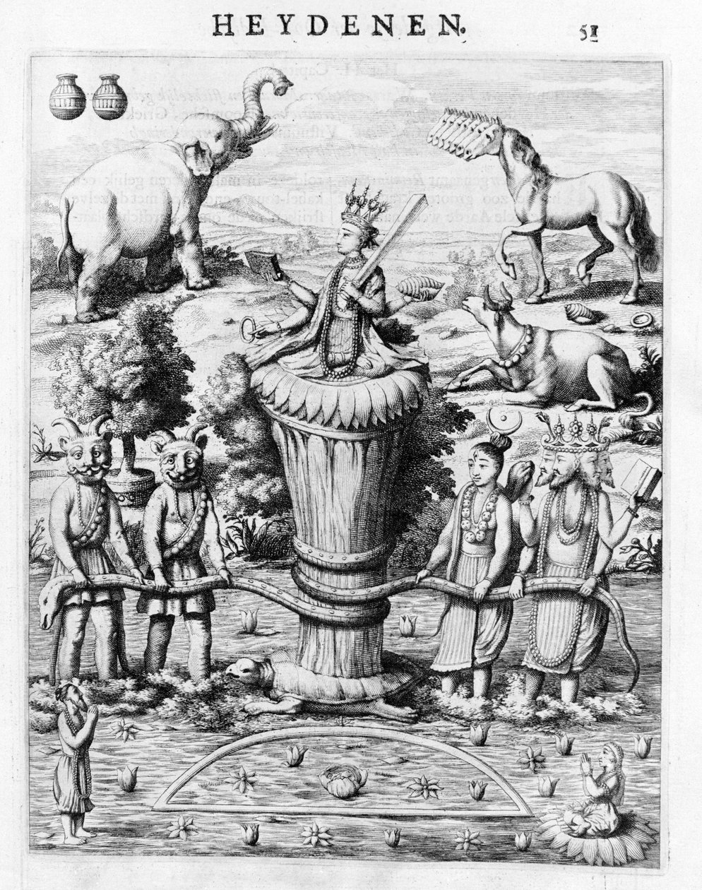 Samudramathana z udziałem Devy (Surya, Shiva, Vishnu, Brahma) z demonami i wierzchowcami. Według Baldaeusa Philippusa Afgoderye der oost-indische Heydenen. Amsterdam 1672 autorstwa Flemish School