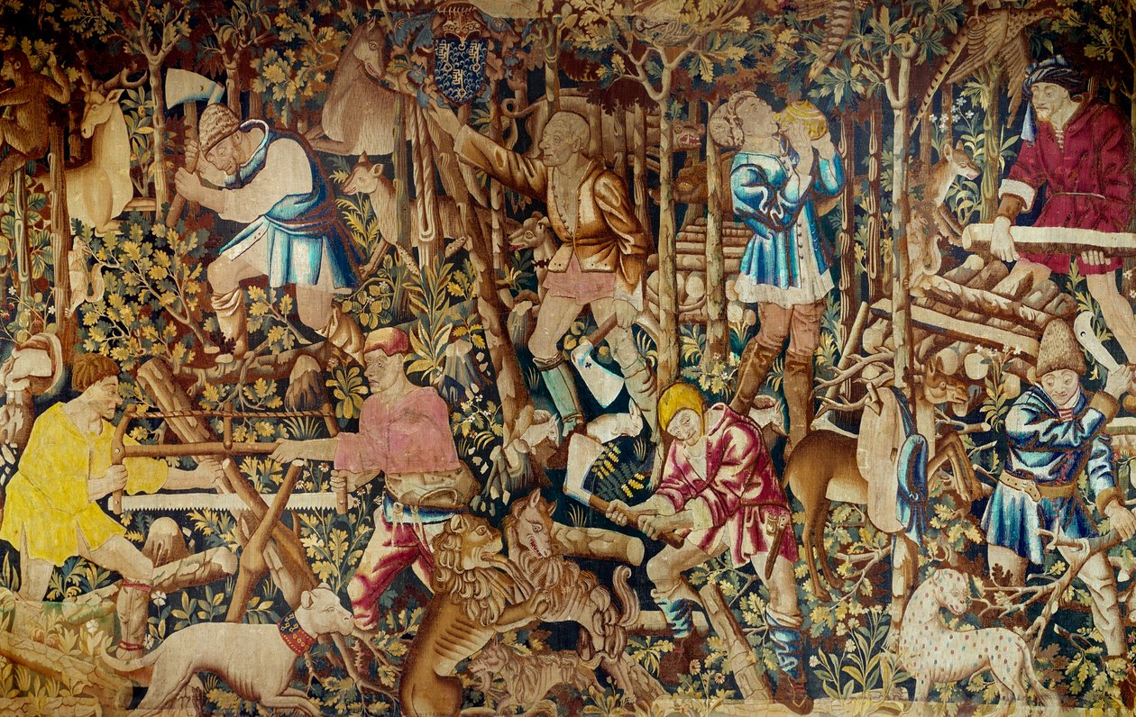 Sceny żniw i drwala. Gobelin Szkoły Flamandzkiej. Turniej. XV-wieczny Paryż, sztuka dekoracyjna autorstwa Flemish School