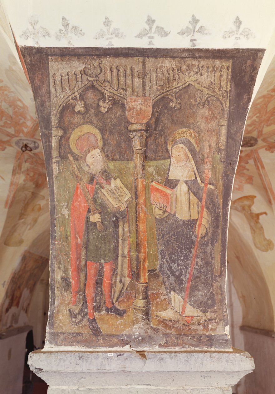 Św. Bawo i Św. Amalberga z Maubeuge, malowidło ścienne z krypty, ok. 1480-1540 autorstwa Flemish School
