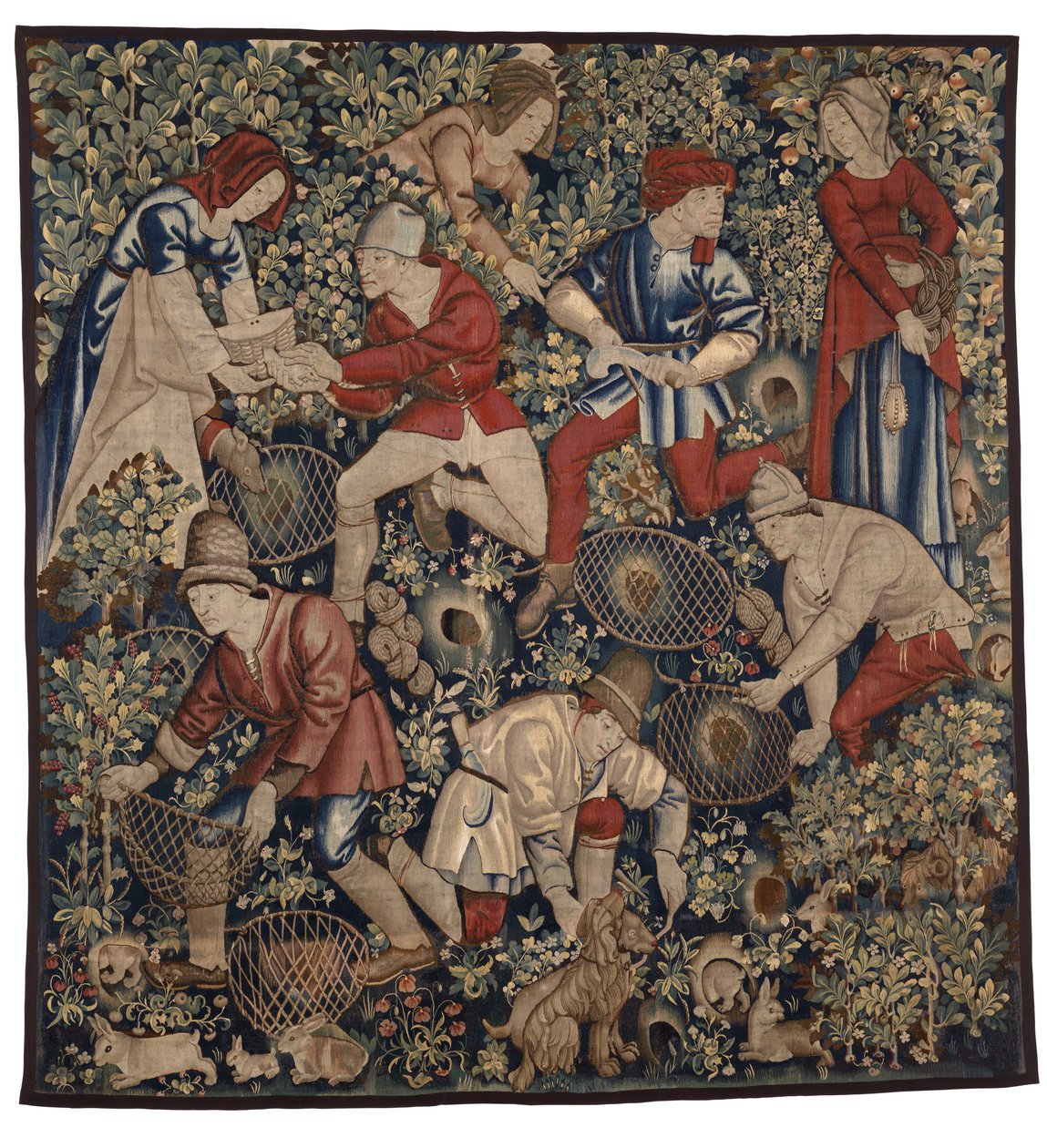 Gobelin przedstawiający chłopów polujących na króliki z fretkami, Tournai, ok. 1450-75 (wełna) autorstwa Flemish School