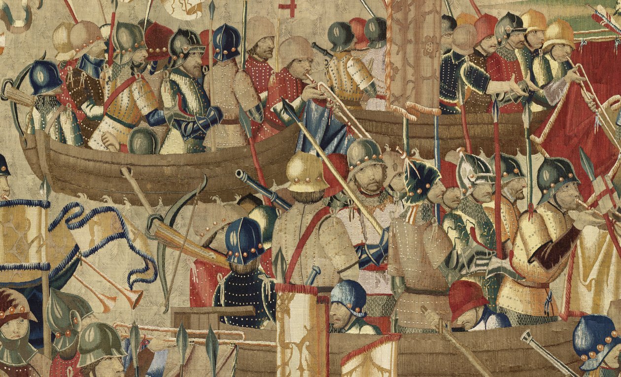 Gobelin przedstawiający podboje króla Portugalii Alfonsa V (Conquistas de Alfonso V de Portugal), Tournai. Szczegół. (Wełna i jedwab) autorstwa Flemish School