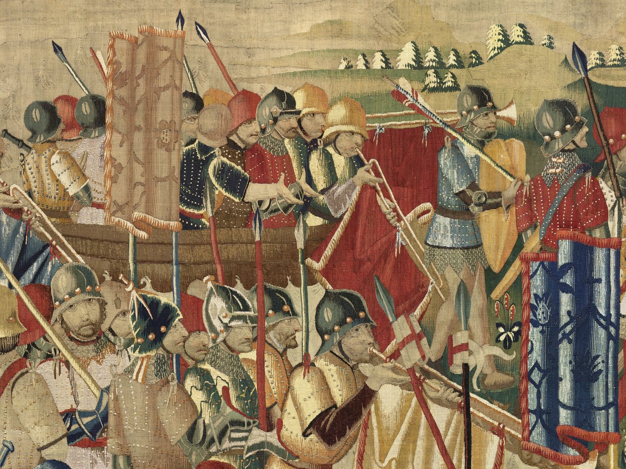 Gobelin przedstawiający podboje króla Portugalii Alfonsa V (Conquistas de Alfonso V de Portugal), Tournai. Szczegół. (Wełna i jedwab) autorstwa Flemish School