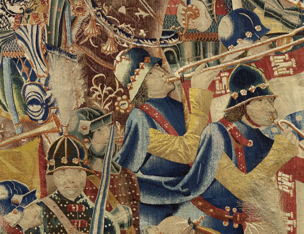 Gobelin przedstawiający podboje króla Portugalii Alfonsa V (Conquistas de Alfonso V de Portugal), Tournai. Szczegół. (Wełna i jedwab) autorstwa Flemish School