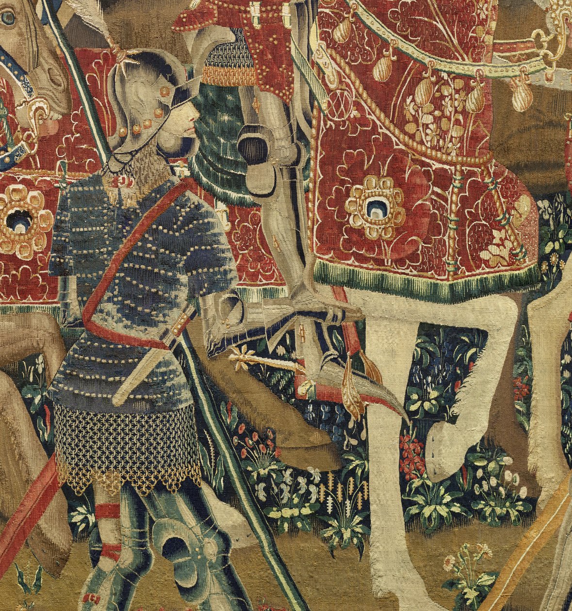 Gobelin przedstawiający podboje króla Portugalii Alfonsa V (Conquistas de Alfonso V de Portugal), Tournai. Szczegół. (Wełna i jedwab) autorstwa Flemish School