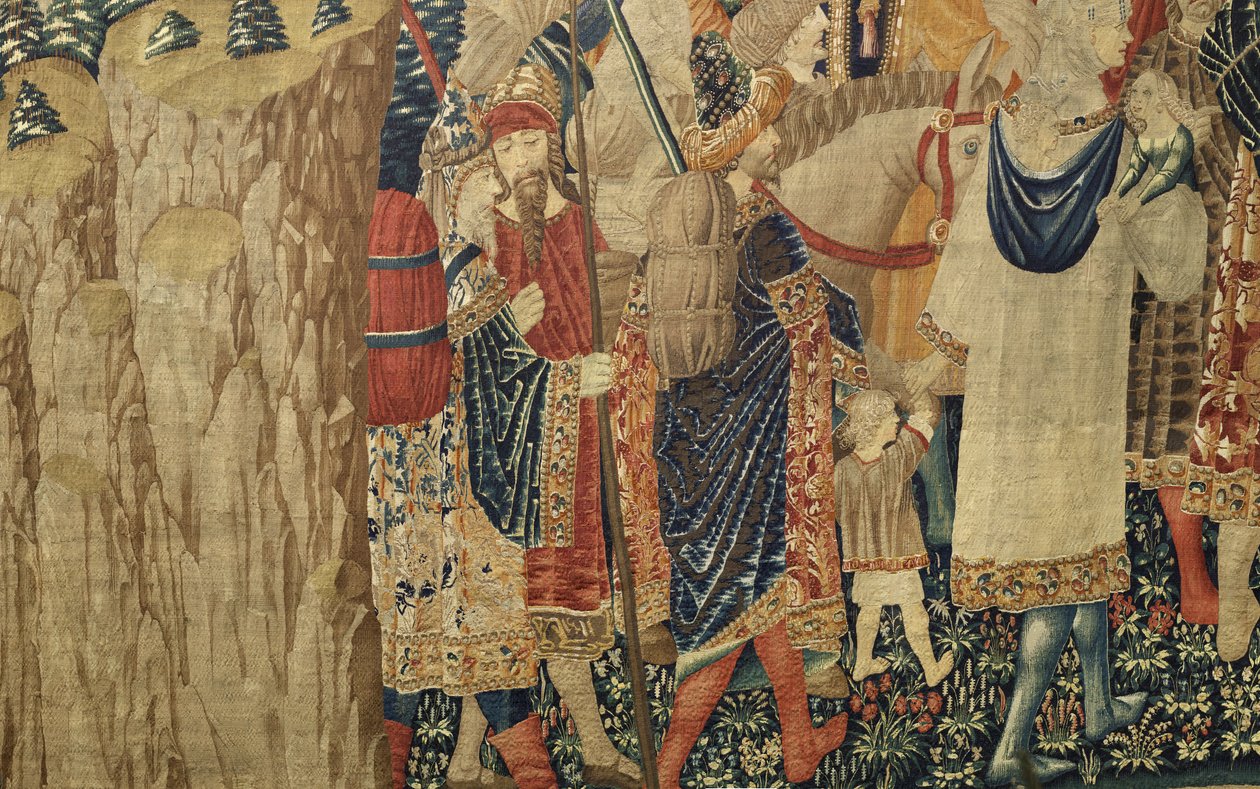 Gobelin przedstawiający podboje króla Portugalii Alfonsa V (Conquistas de Alfonso V de Portugal), Tournai. Szczegół. (Wełna i jedwab) autorstwa Flemish School