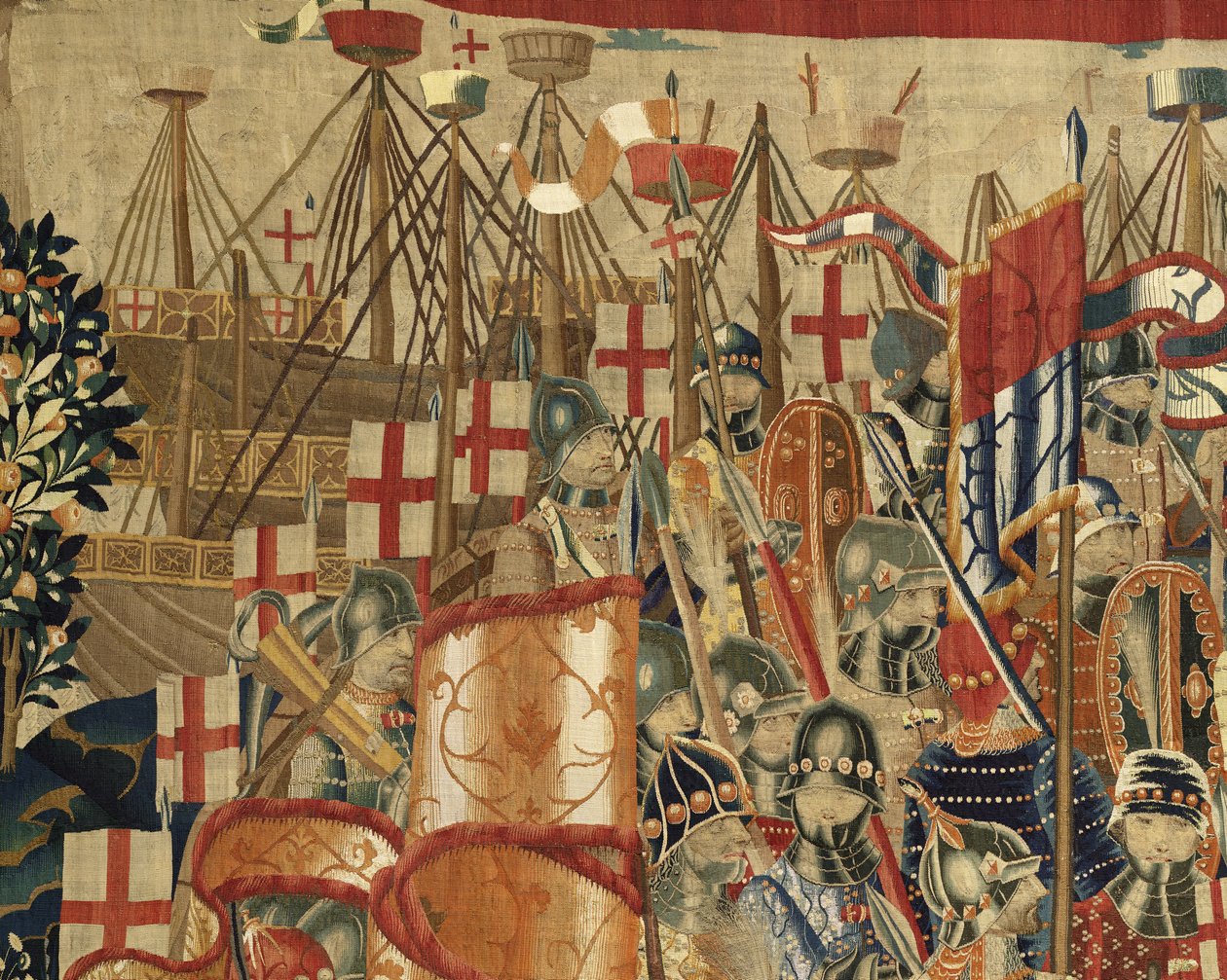 Gobelin przedstawiający podboje króla Portugalii Alfonsa V (Conquistas de Alfonso V de Portugal), Tournai. Szczegół. (Wełna i jedwab) autorstwa Flemish School