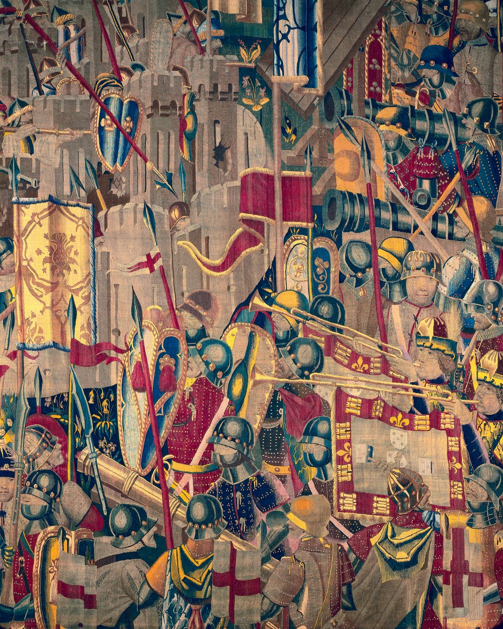 Gobelin przedstawiający podboje króla Portugalii Alfonsa V (Conquistas de Alfonso V de Portugal), Tournai. Szczegół. (Wełna i jedwab) autorstwa Flemish School
