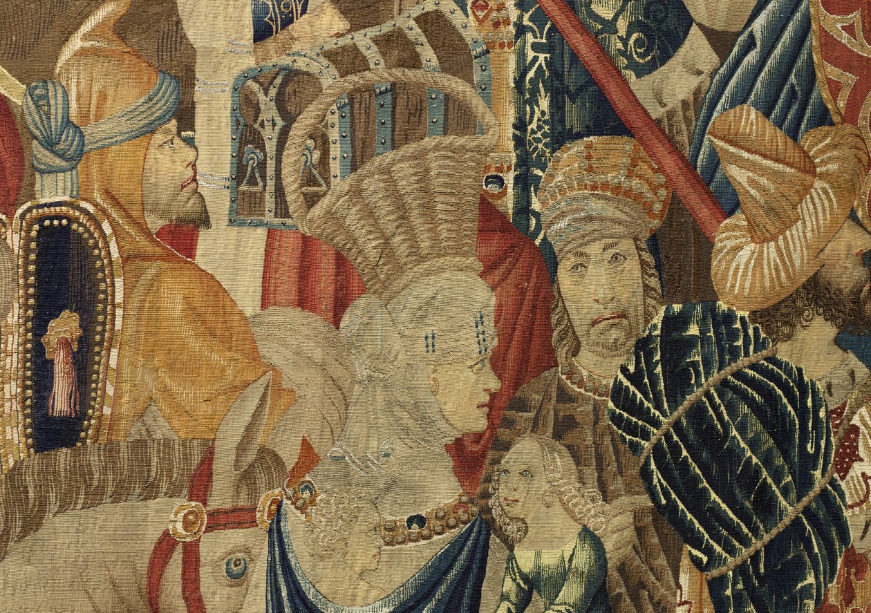 Gobelin przedstawiający podboje króla Portugalii Alfonsa V (Conquistas de Alfonso V de Portugal), Tournai. Szczegół. (Wełna i jedwab) autorstwa Flemish School