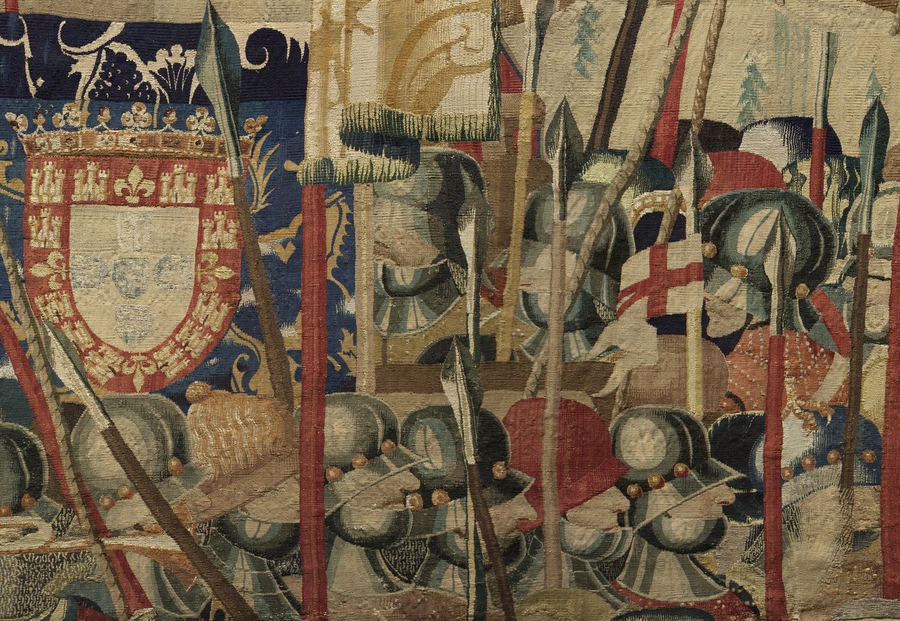 Gobelin przedstawiający podboje króla Portugalii Alfonsa V (Conquistas de Alfonso V de Portugal), Tournai. Szczegół. (Wełna i jedwab) autorstwa Flemish School