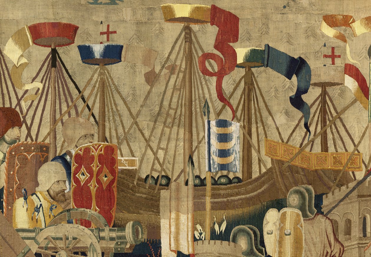 Gobelin przedstawiający podboje króla Portugalii Alfonsa V (Conquistas de Alfonso V de Portugal), Tournai. Szczegół. (Wełna i jedwab) autorstwa Flemish School