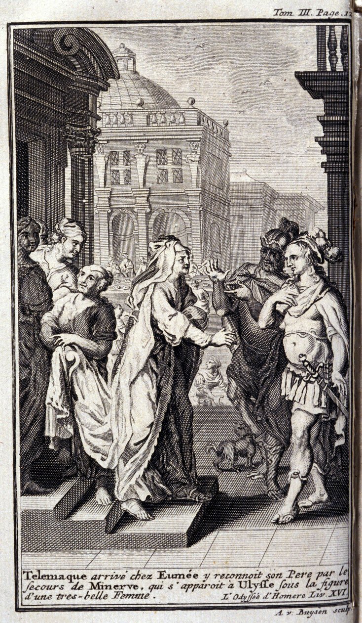 Telemaque przybywa do domu Eumee, rozpoznaje swojego ojca dzięki pomocy Minerve, która pojawia się w Ulissesie pod postacią pięknej kobiety. Ilustracja do książki XVI de l