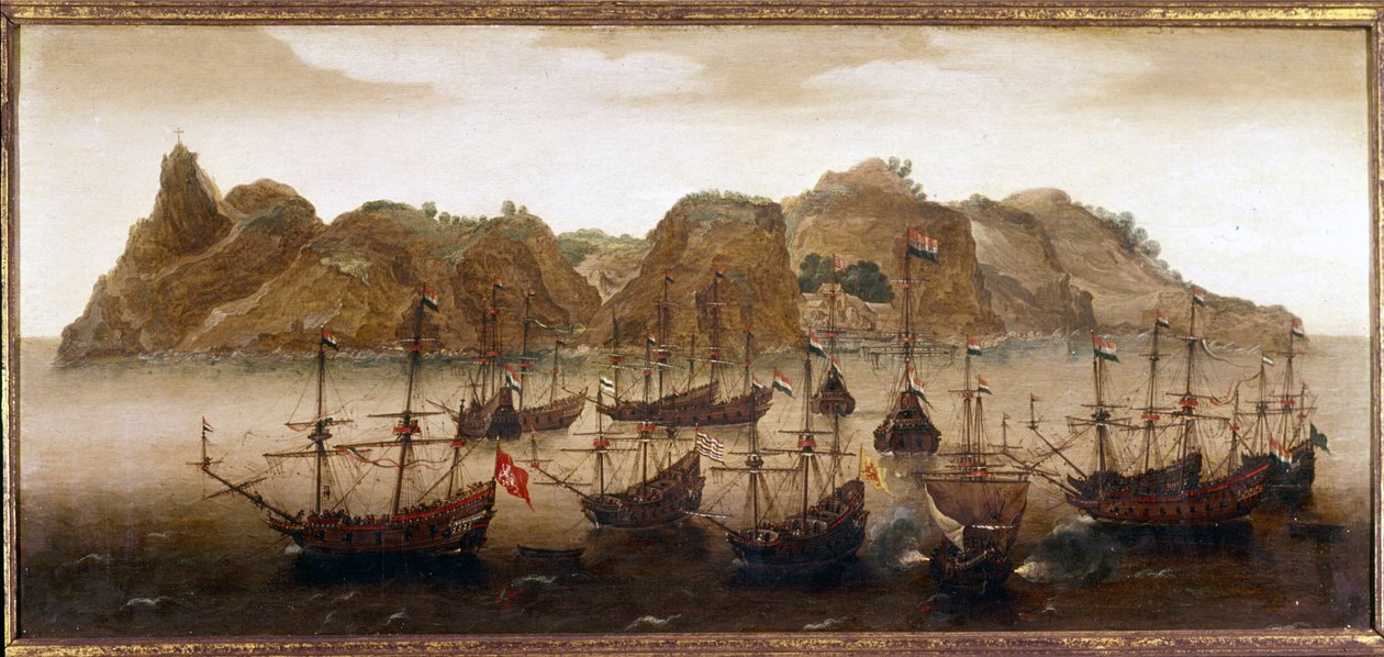Holenderska flota u wybrzeży wyspy Św. Heleny. Obraz olejny. XVII wiek. Muzeum Marynarki Wojennej w Amsterdamie autorstwa Flemish School