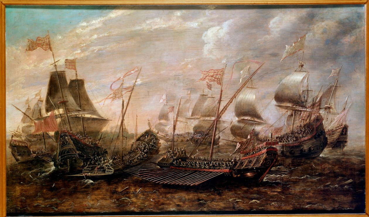 Niezwyciężona Armada Morska bitwa, w której hiszpańska armada pokonała flotę angielską w sierpniu 1588 r., szkoła flamandzka autorstwa Flemish School