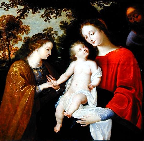 Mistyczne małżeństwo św. Katarzyny, ok. 1625-50 (olej na desce) autorstwa Flemish School
