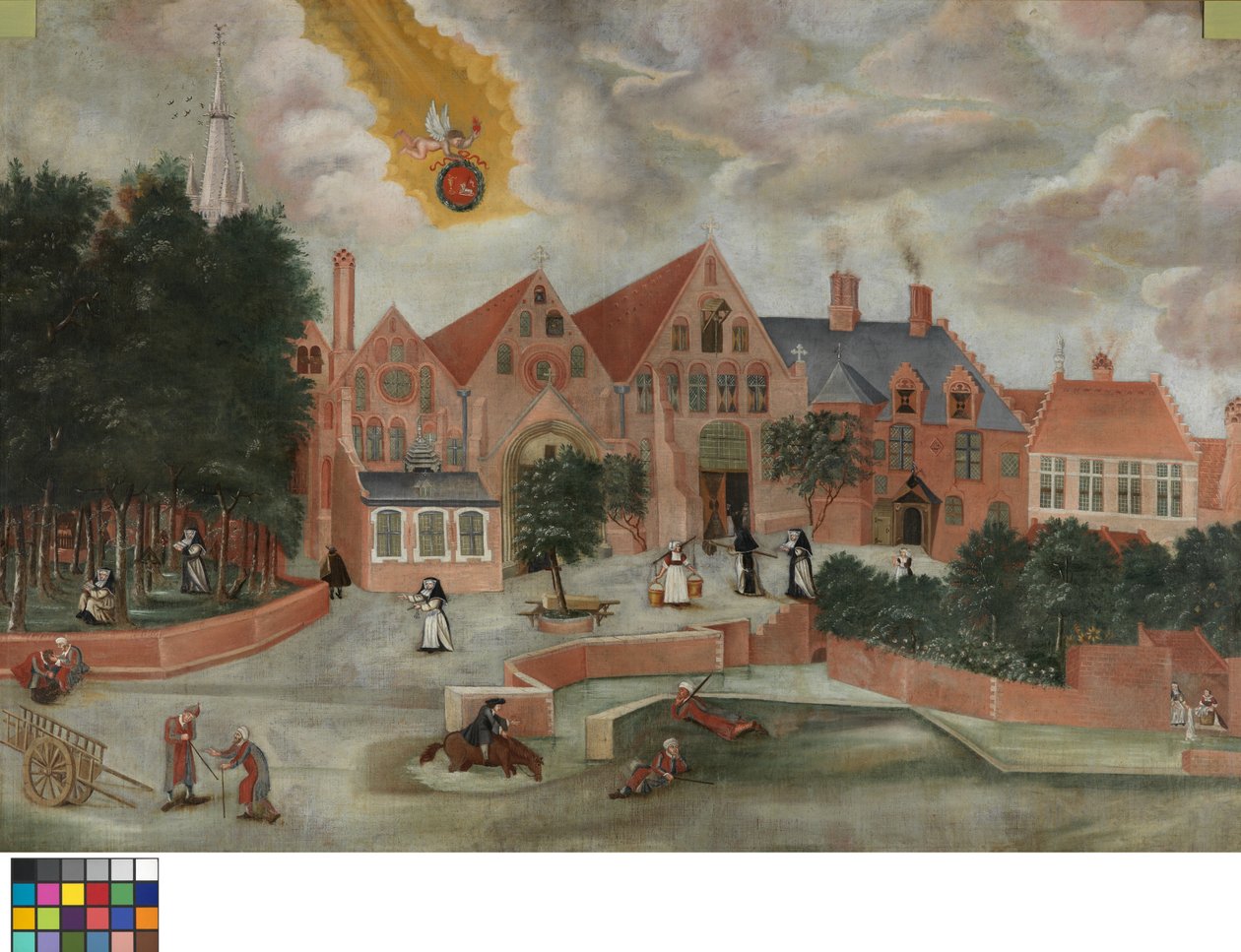 Zachodnia fasada szpitala św. Jana (olej na płótnie) autorstwa Flemish School
