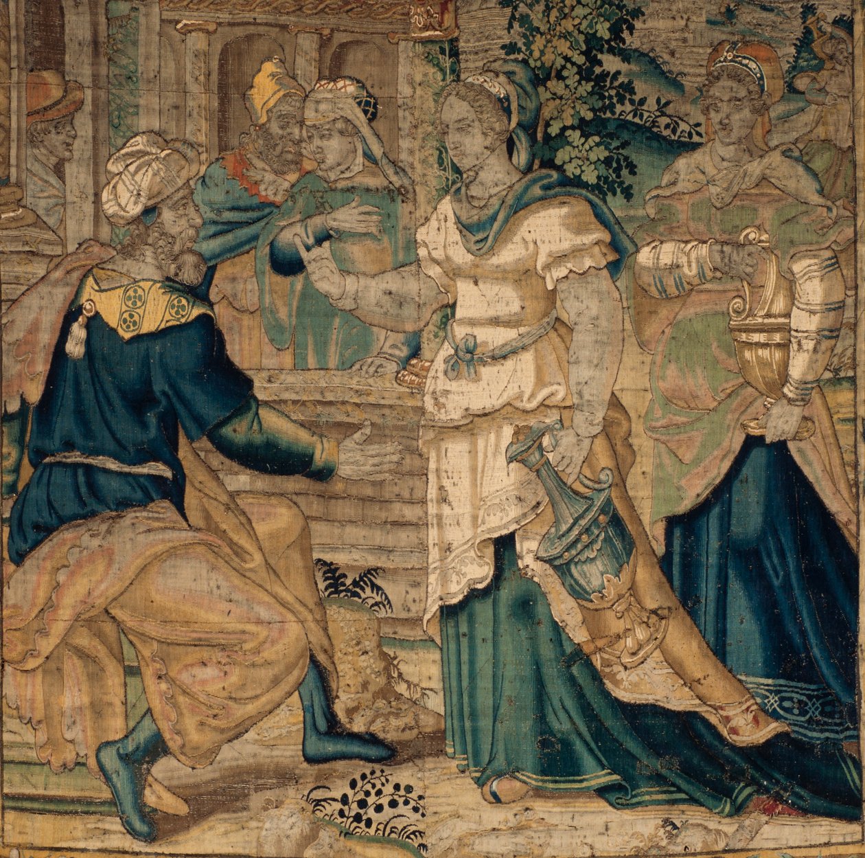 Zbiory uniwersyteckie. Flamandzki gobelin. Córki Jetro opowiadają ojcu o spotkaniu z Mojżeszem. Szczegół. Oudenaarde. ok. 1550. autorstwa Flemish School