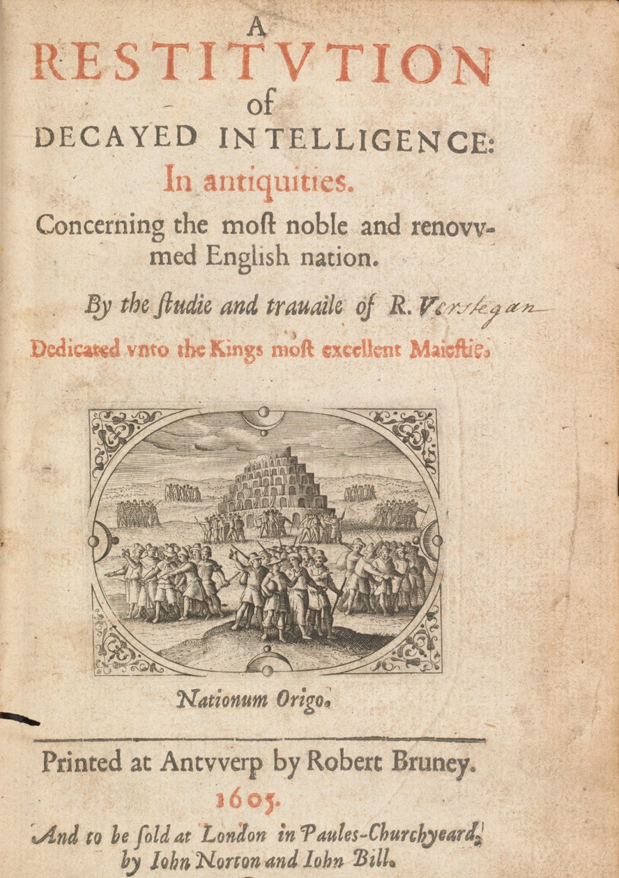 Strona tytułowa Restitution of Decayed Intelligence Richarda Verstegama, Antwerpia, 1605 autorstwa Flemish School