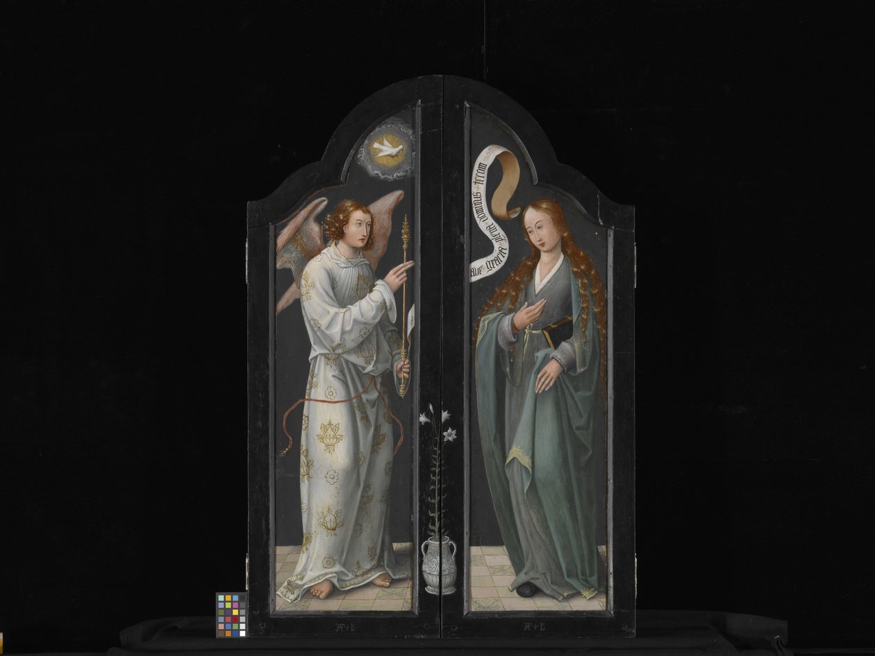 Tríptico com a Virgem e o Menino, Santa Bárbara e Santa Catarina (óleo sobre madeira) polonês autorstwa Flemish School