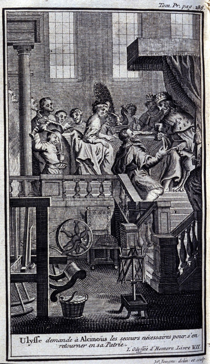 Ullysse prosi Alcinousa (Alcinoos) o niezbędną pomoc w powrocie do ojczyzny. Ilustracja do księgi VII Odysei Homere, w Odyssee, wydanej w Amsterdamie w 1731, Collection privee Milan. autorstwa Flemish School
