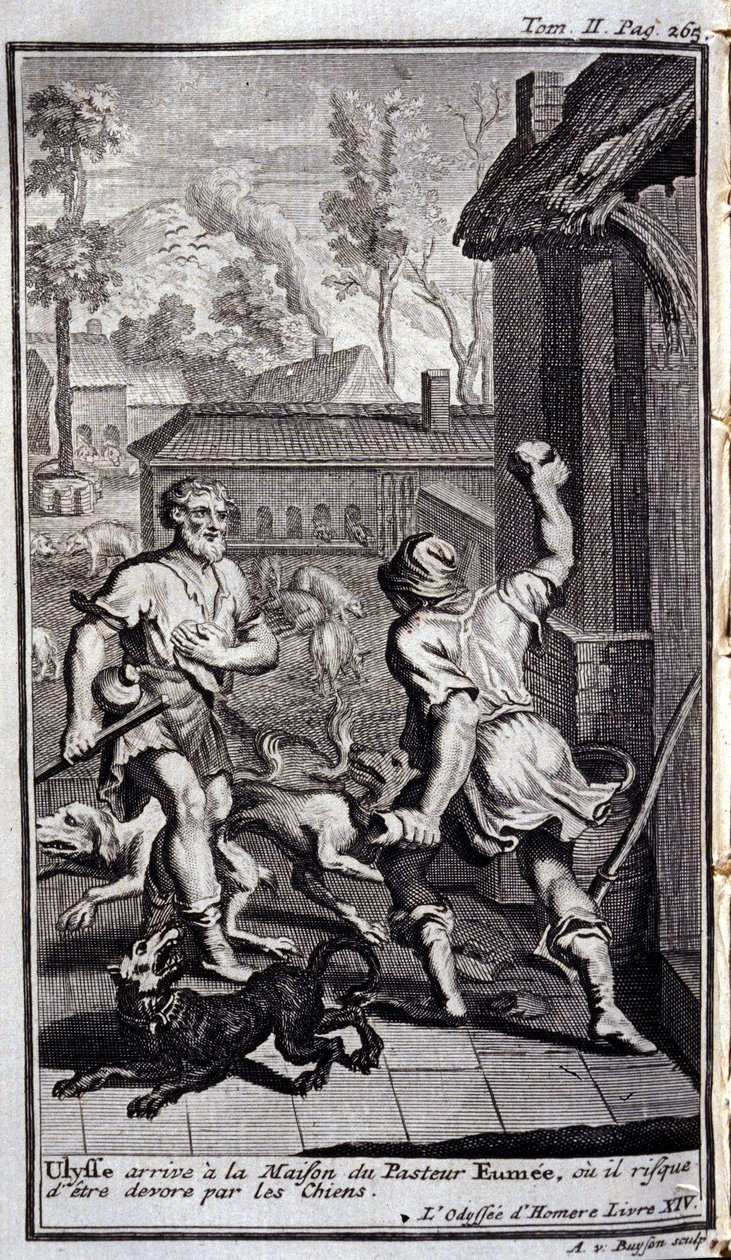 Ulisses przybywa do domu pastora Eumee, w przeciwnym razie mogą go poświęcić psy. Ilustracja do książki XIV de l