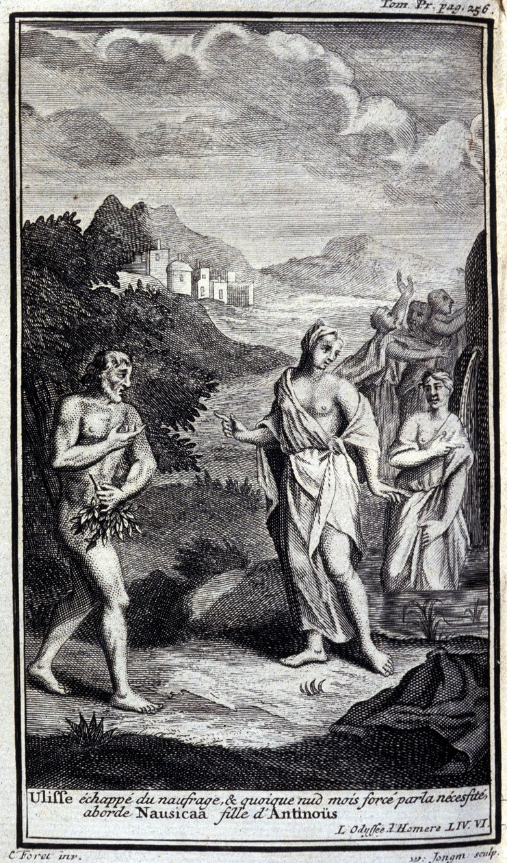 Ulisses ucieka z wraku i choć nagi, ale siłą z konieczności zbliża się do Nausicaa, córki Antinousa (Antinosa). Ilustracja do księgi VI Odyssee of Homere, w Odyssee, opublikowanej w Amsterdamie w 1731 roku w Mediolanie. autorstwa Flemish School