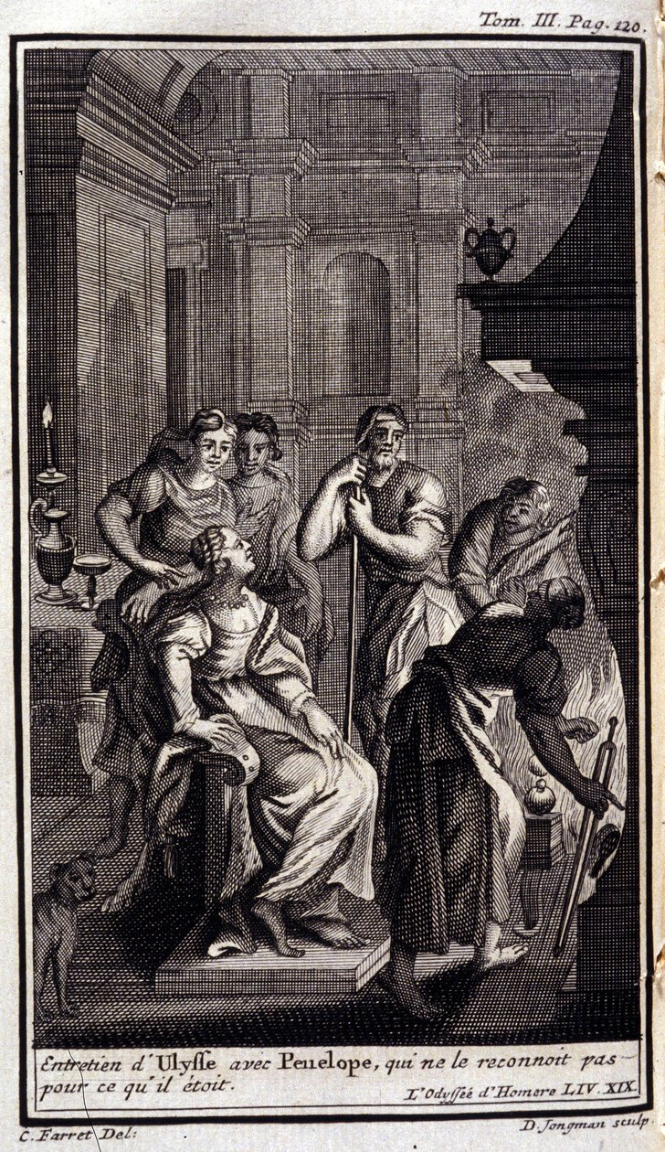 Wywiad Ulissesa z Penelopą, która nie rozpoznaje go takim, jakim był. Ilustracja do książki XIX Odyssee of Homere, in the Odyssee, wydanej w Amsterdamie w 1731, Collection privee Milan. autorstwa Flemish School