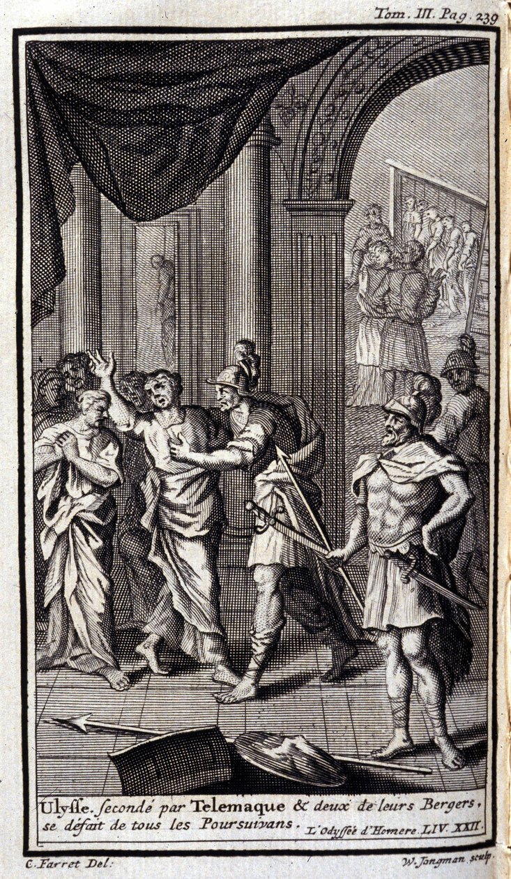 Ulisses drugi po Telemaque i dwóch ich pasterzy rozwiązali wszystkich prześladowców. Lustracja dla XXII księgi Odyseusza Homere, w Odyssee, wydanej w Amsterdamie w 1731 r., Collection privee Milan. autorstwa Flemish School