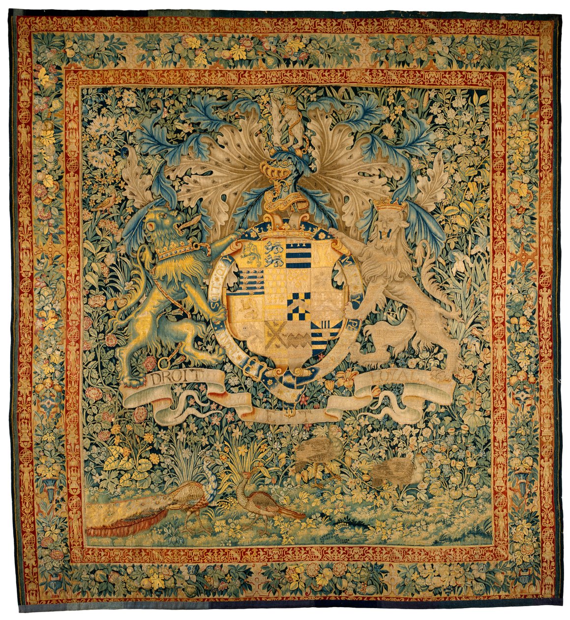 Gobelin Verdure z herbem Roberta Dudleya, hrabiego Leicester, ok. 1570-1585 (wełna, jedwab) autorstwa Flemish School