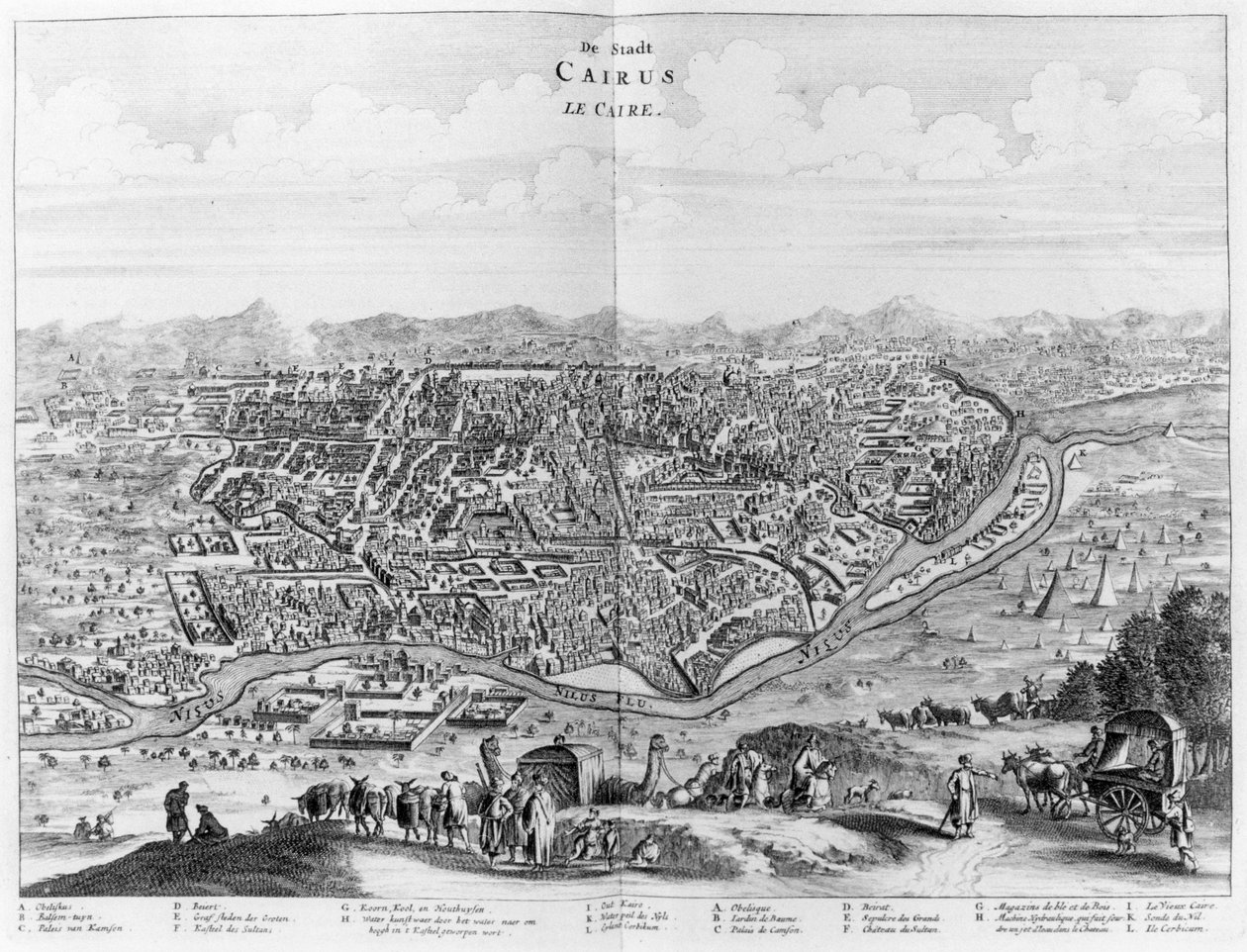 Widok Kairu z zachodniego brzegu Nilu, z Description de lAfrique O. Dappera, przekład z flamandzkiego, wydanie 1686 autorstwa Flemish School