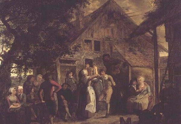Mieszkańcy wsi bawiący się przed gospodarstwem autorstwa Flemish School