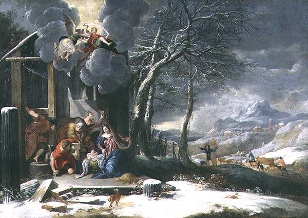 Pejzaż zimowy z szopką (olej na płótnie) autorstwa Flemish School