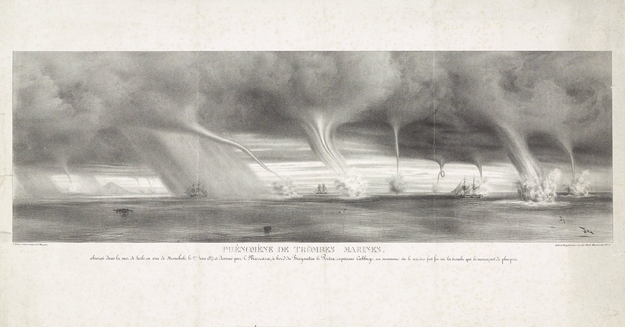Waterhozen op zee bij Sycylia, 1827 Fenomen Trąbek Wodnych, obserwowany w morzu Sycylii, w zasięgu wzroku Stromboli, 27 czerwca 1827 r. (tytuł na obiekcie) autorstwa Félix Achille Beaupoil Saint Aulaire