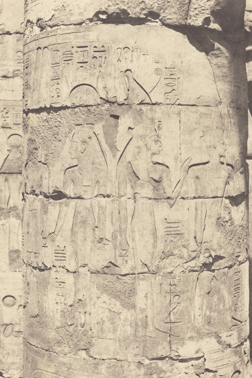 Teby Karnak, Pałac – Sala Hipostylowa – Centralna Kolumnada – Dekoracja Fut, 1853. autorstwa Félix Teynard