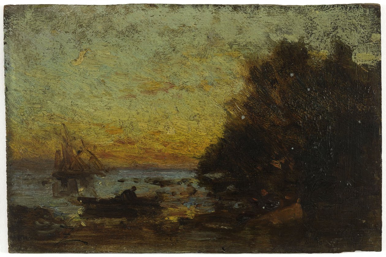 Łódź i żaglówki, zachód słońca. Na odwrocie: Marine, między 1850 a 1860 (olej na drewnie) autorstwa Félix Ziem