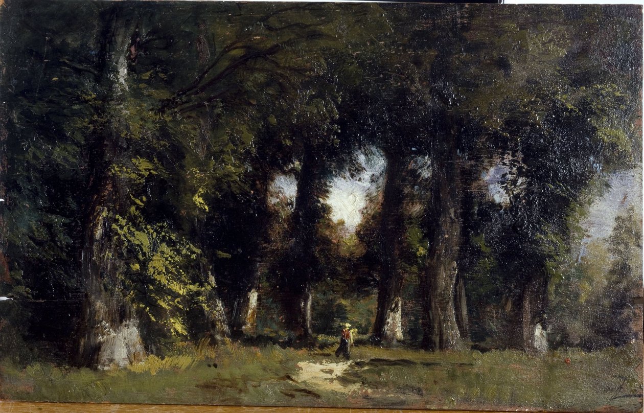 Skraj lasu (z przodu), animowany krajobraz (z tyłu), między 1850 a 1860 (olej na drewnie) autorstwa Félix Ziem