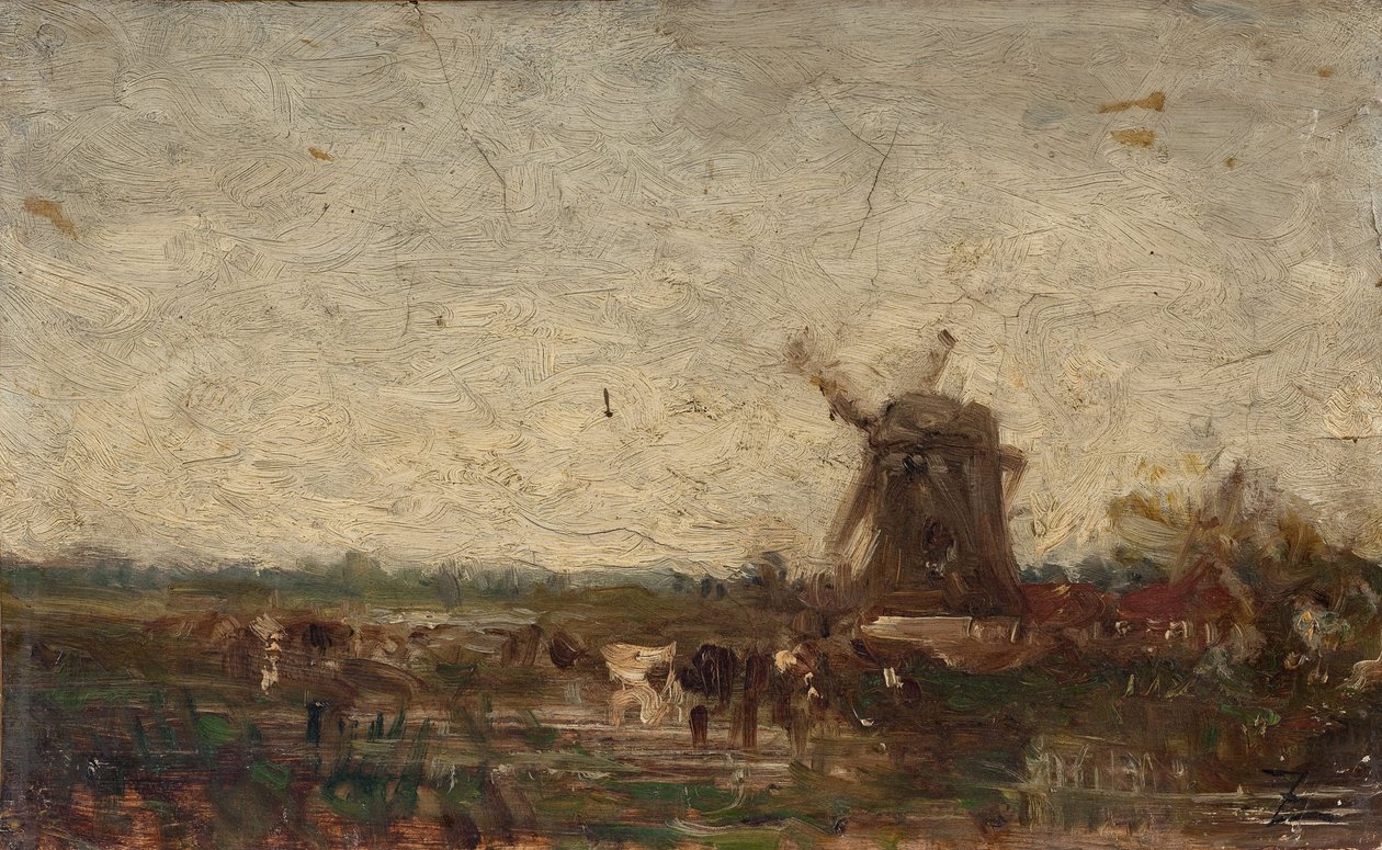 Holandia, młyn, ok. 1853 (olej na papierze na płótnie) autorstwa Félix Ziem