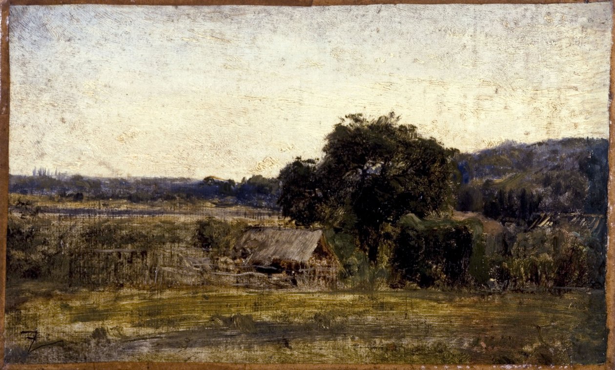 Chata kryta strzechą, między 1850 a 1860 (olej na papierze na płótnie) autorstwa Félix Ziem