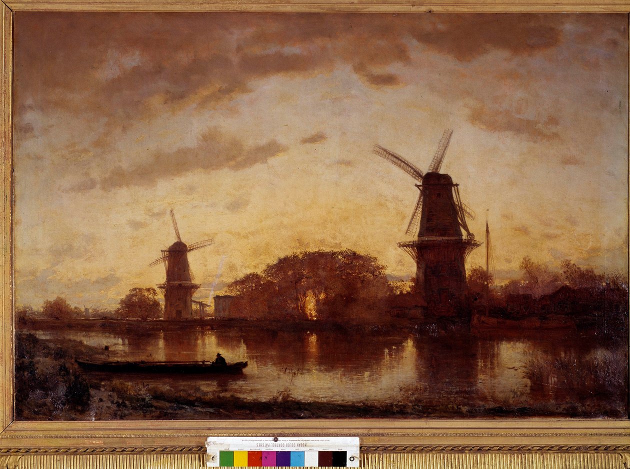 Brzegi rzeki Amstel krajobraz z młynami w Holandii. Obraz Felixa Ziema (1821-1911). 1852. Słońce 1,01 X 1,50 m. Bordeaux, Muzeum Sztuk Pięknych autorstwa Félix Ziem