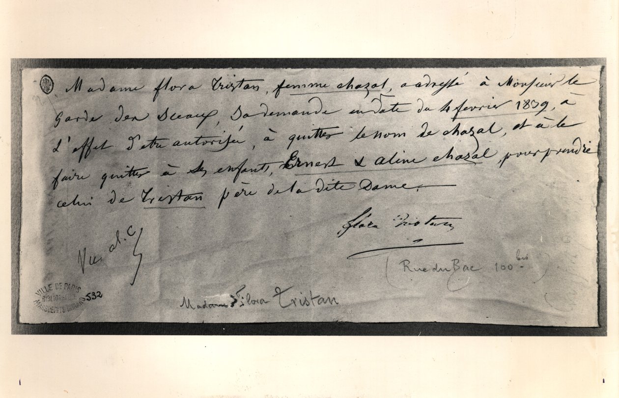 List z autografem Flory Tristan (1803-44) do francuskiego ministra sprawiedliwości z prośbą o rozwód, 4 lutego 1839 autorstwa Flora Tristan