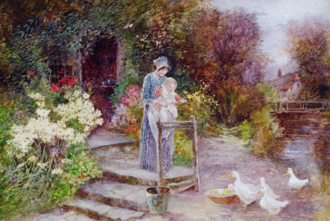 Kobieta i dziecko w przydomowym ogródku autorstwa Florence Agnes Mackay