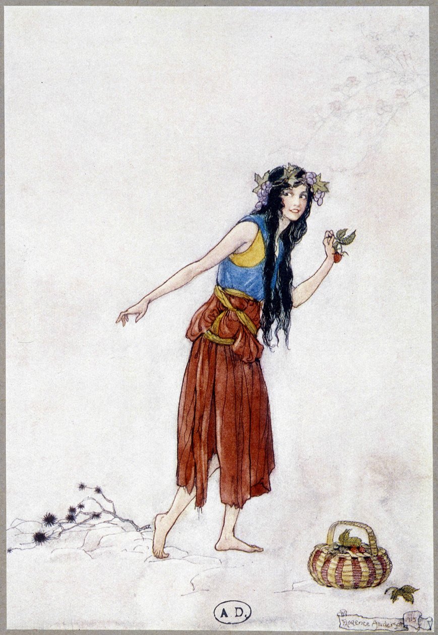 Młoda dziewczyna w śniegu z truskawkami, „My Fairyland” Fiony Malcom, ilustracja Florence Anderson autorstwa Florence Anderson