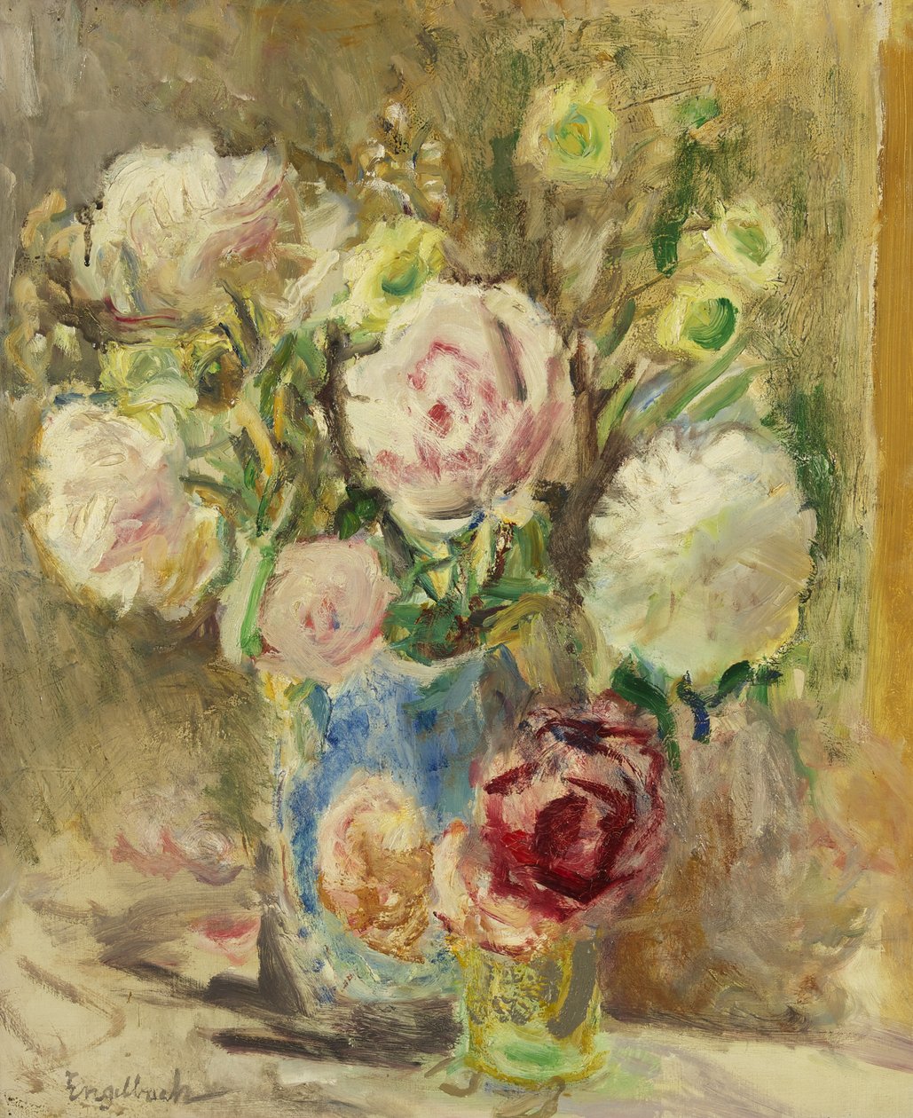 Róże i piwonie, ok. 1936 (olej na płótnie) autorstwa Florence Engelbach